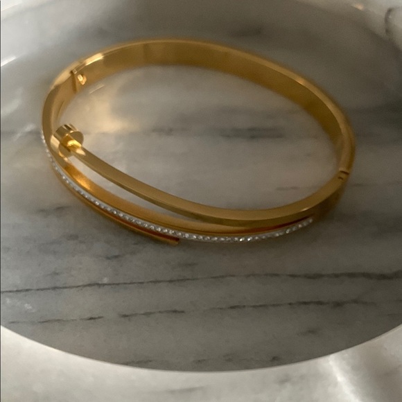 Gold Stainless Steel Nail Bangle Bracelet with Crystals - Picture 2 of 3